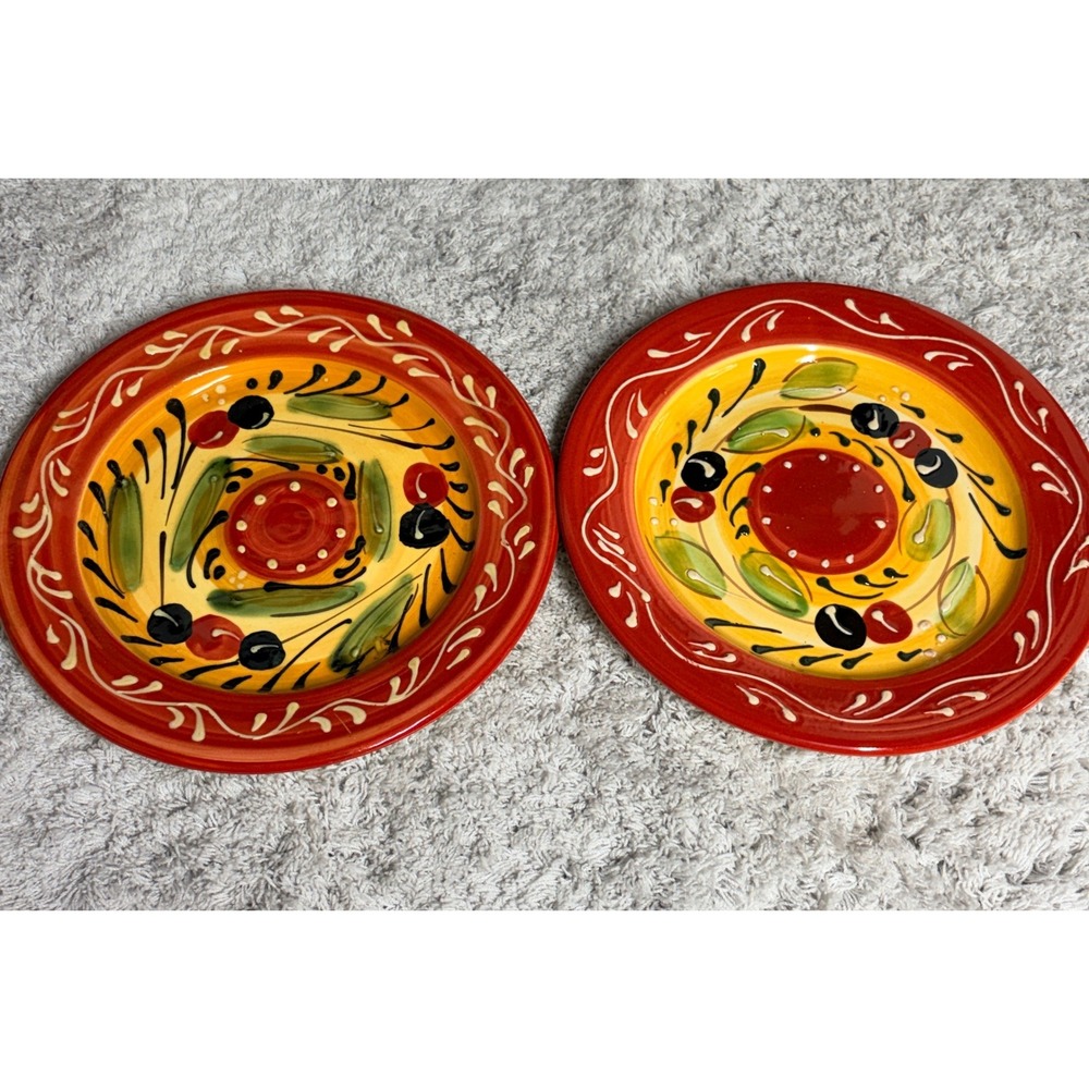 Pier 1 Imports Olive Salad Plates Set of 2 Hand Painted Spain Red Yellow 8.5"‎